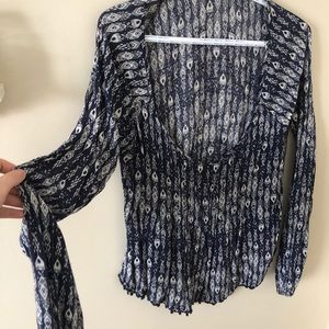 Navy & white printed long sleeve wide neck tee